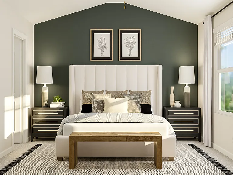 Rendering of the spacious master bedroom
 with vaulted ceiling. The room is furnished with a bed between two
 nightstands. A bench sits at the foot of the bed.