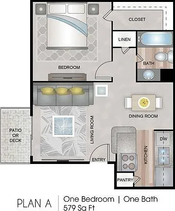 One Bedroom, 579 sqft, Patio/Balcony, Walk-in Closet One Bedroom, 579 sqft, Patio/Balcony, Walk-in Closet
