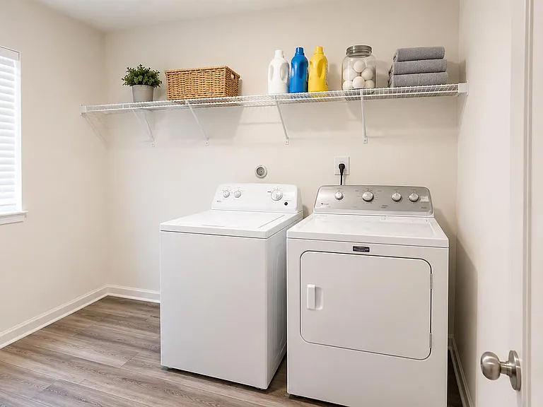 Dedicated laundry room with side-by-side washer and dryer, wire shelving for supplies, and a window for natural light.