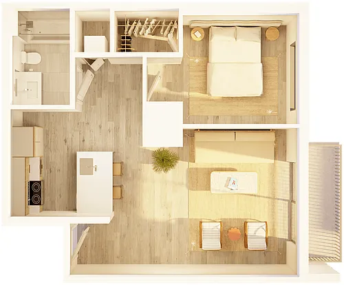 Floor plan West 1 BR Balcony Bay B