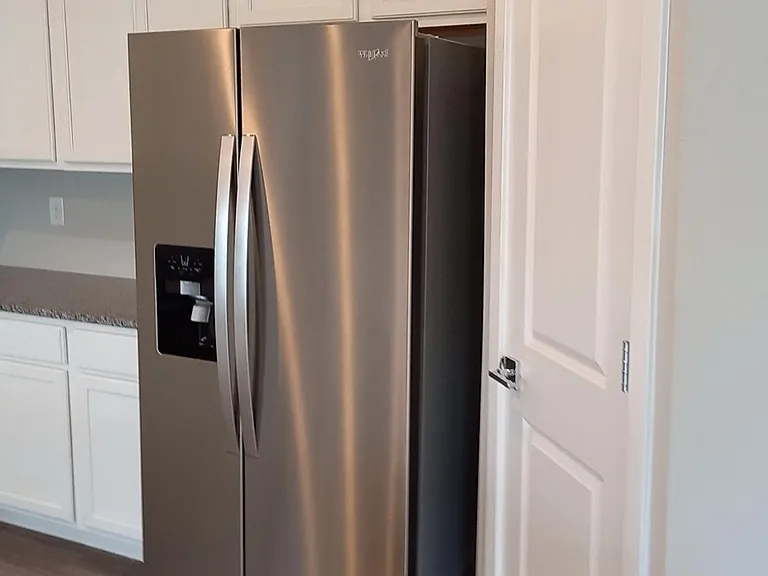 Stainless fridge, pantry door