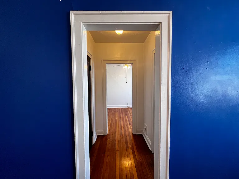 The hallway leading to the rest of the apartment. Straight ahead lies a spacious bedroom. To the left is the walk-in closet and the bathroom is to the right.