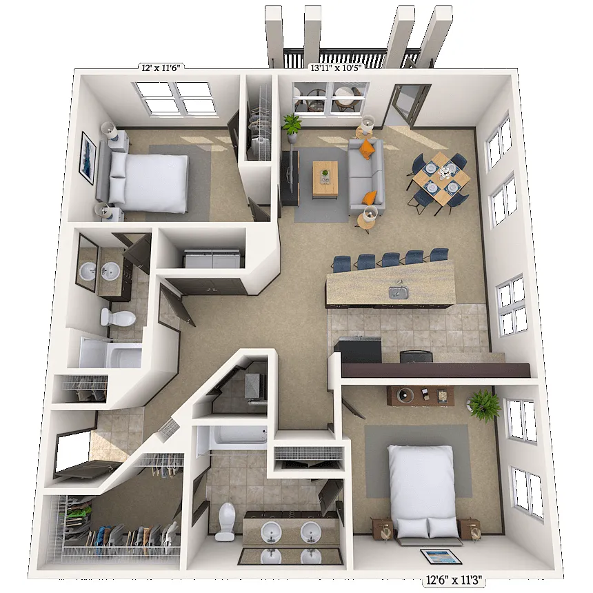 Floor plan Traditional 2x2 1137-1158 SF