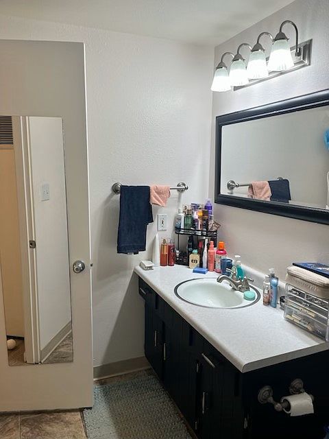 Vanity has lots of space, shower and tub