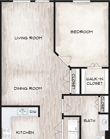 1 Bed 1 Bath Floorplan Diagram