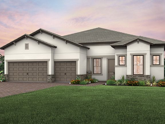 The Pinnacle, a one-story family home with a 3 car garage, shown with Home Exterior C2A