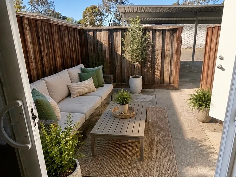 Private patio with carport directly behind, virtually staged