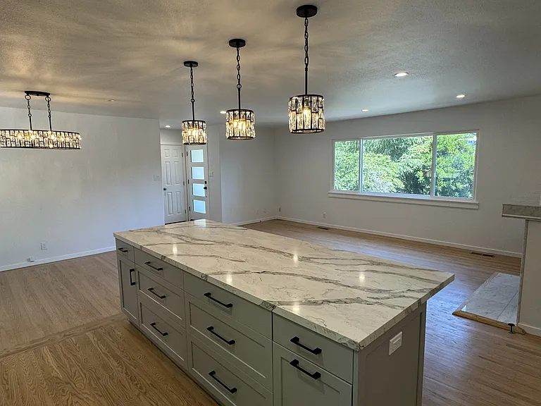 Kitchen Island, Living Room, and Dining Room
