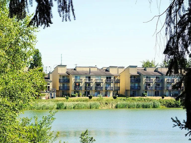 Breathtaking view of lake from the living room of condo.
