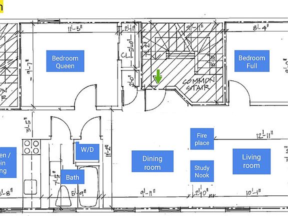 Floor plan. Notice that the two bedrooms are on opposite ends of the apartment, separated by closets and a stairwell
