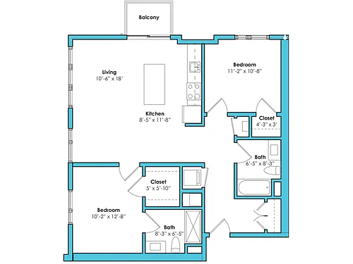 Floor plan Two Bedroom Two Bath (982 SF)