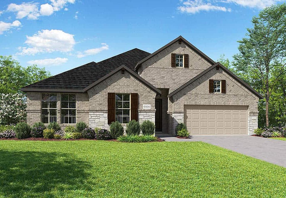 Exterior Style C is a single story brick and stone home design with a decorative cedar brackets at t