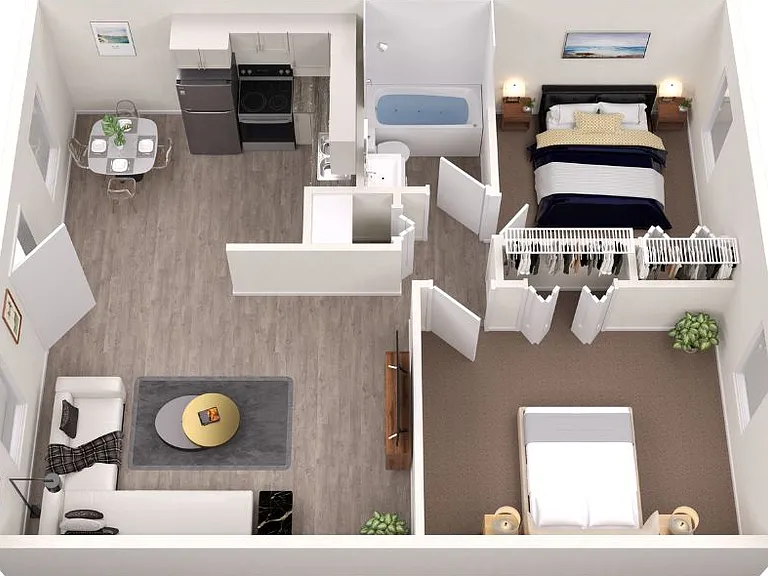 Explore this beautifully designed apartment layout with a seamless flow from the living area to the bedroom. Explore this beautifully designed apartment layout with a seamless flow from the living area to the bedroom.