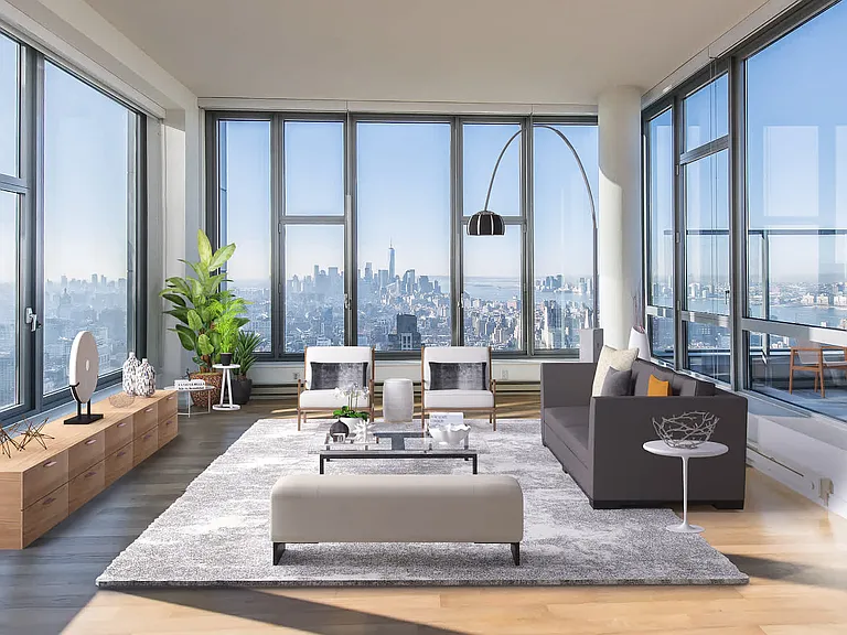 Spacious Living Room with Floor-to-Ceiling Windows and Hardwood Flooring