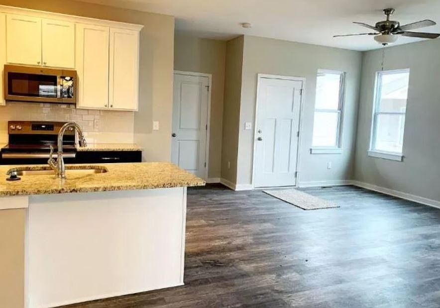LARGE OPEN FLOOR PLAN WITH WOOD-LOOK VINYL HARDWOOD FLOORS - 2" FAUX WOOD MINI BLINDS THROUGHOUT - CEILING FANS