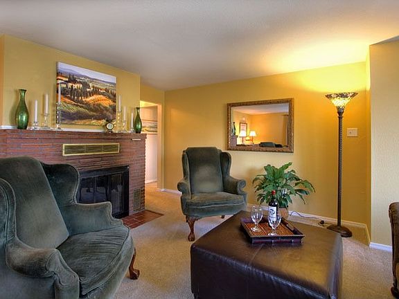 Cozy living room with wood burning fireplace