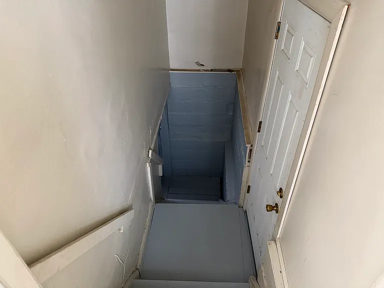 Stairwell from kitchen leading down to the basement. New side door leading to rear of building was installed in 2025 (primary and bolt locks). Stairwell steps, basement floor, and walls were freshly painted in 2025.