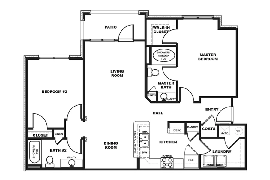 Floor plan 2 Bedroom 2 Bath Patio