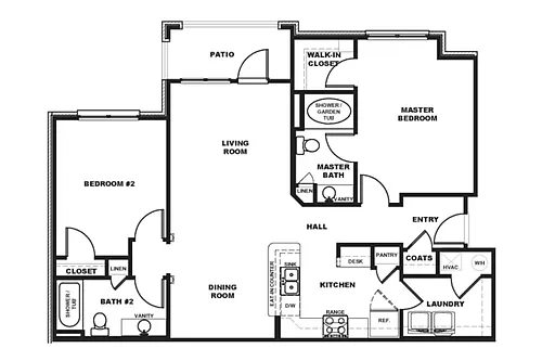 Floor plan 2 Bedroom 2 Bath Patio