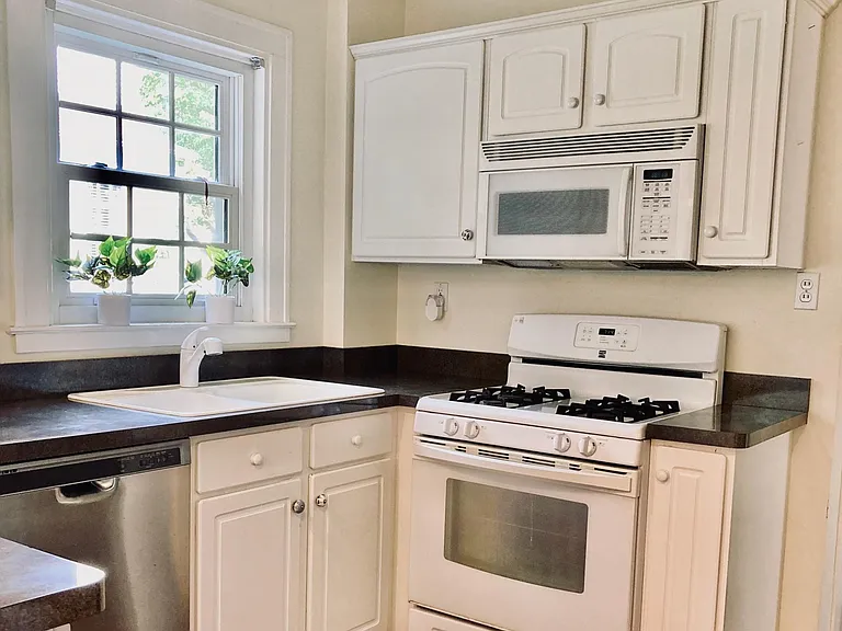 View of the kitchen, with over-the-range microwave and dishwasher. The kitchen has ample workspaces for preparation and storage.