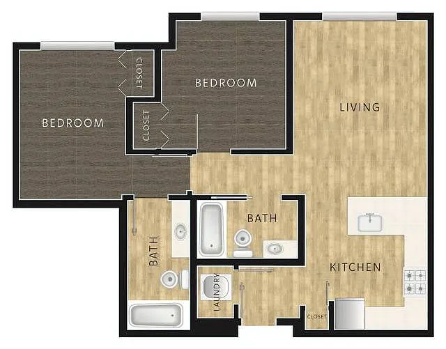 Floor plan 2 Bed, 2 Bath B