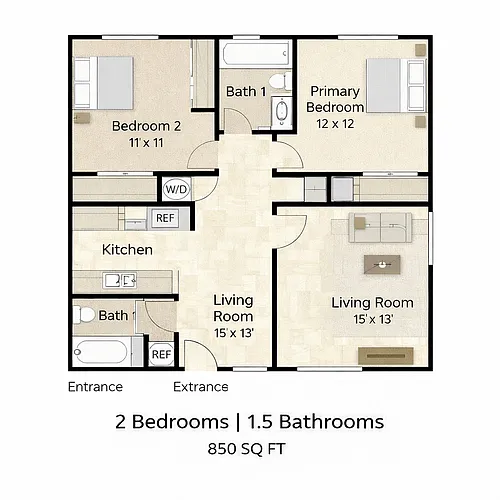 Floor plan 2 Bedroom 1.5 Bathroom