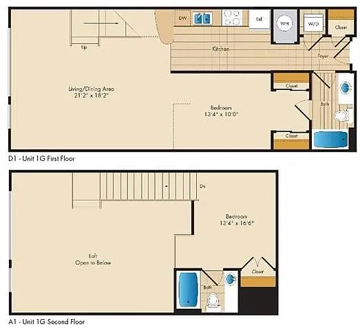 Floor plan One Bedroom/Two Bath Loft with Den - 1G