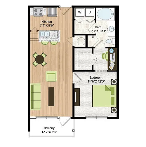 Floor plan One Bedroom One Bath (754 SF)
