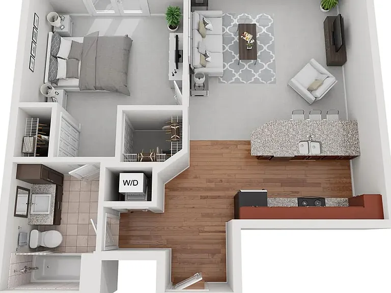 The Palmer floorplan offers one bed, one bath.