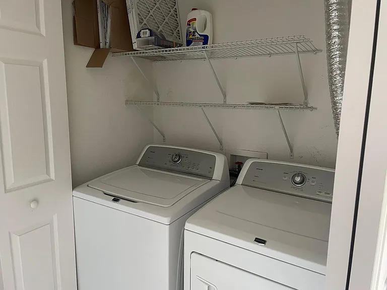 Fits small full size washer and dryer side by side, can be included or you bring your own.