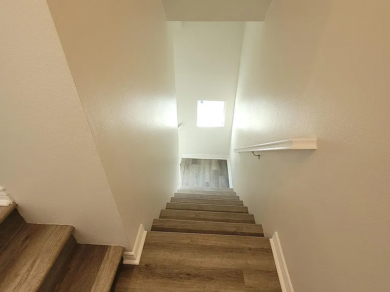 Stairway from great room down to foyer.
