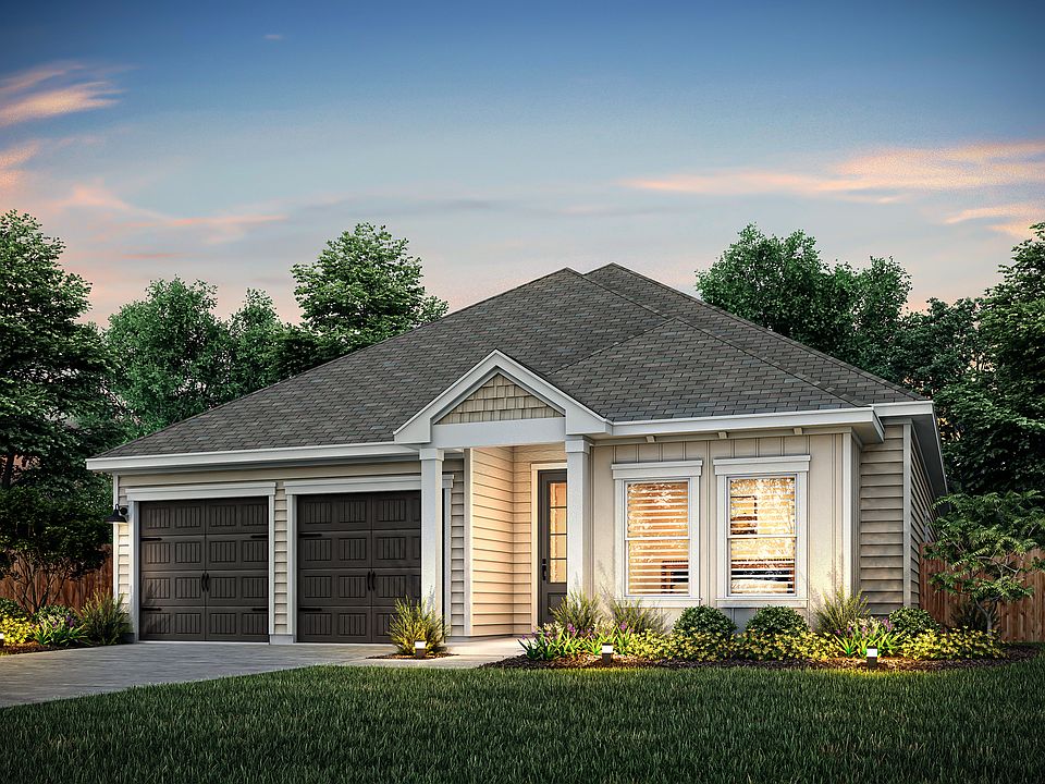 Dusk rendering of the Kendall plan with two front windows.