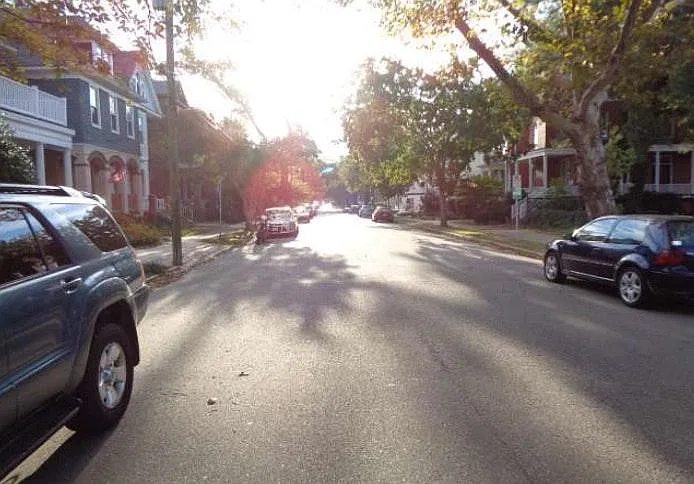 Looking down street east