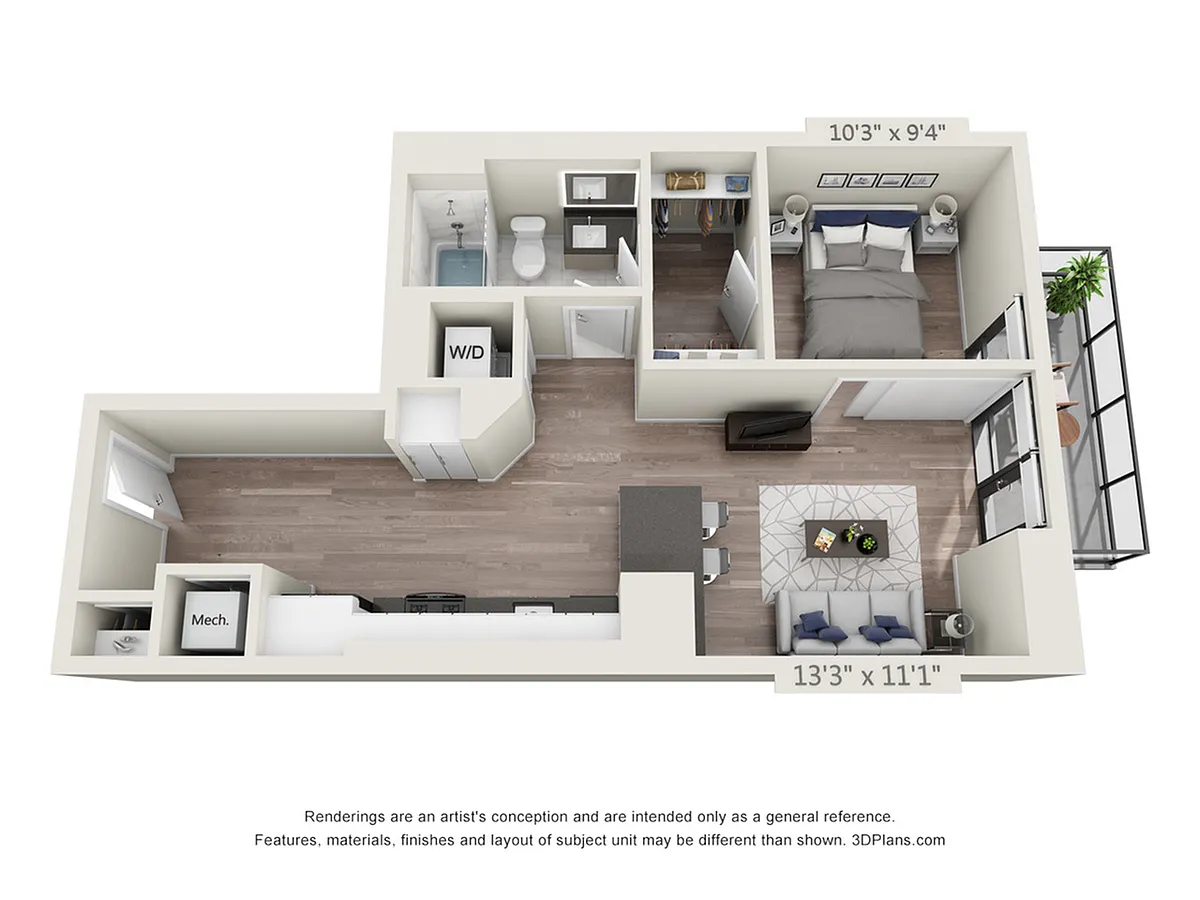 Floor plan One Bedroom One Bath (652 SF)