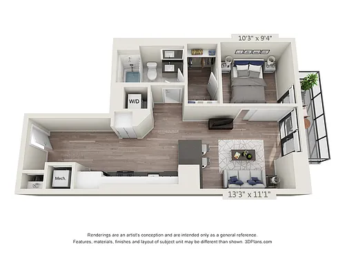 Floor plan One Bedroom One Bath (652 SF)