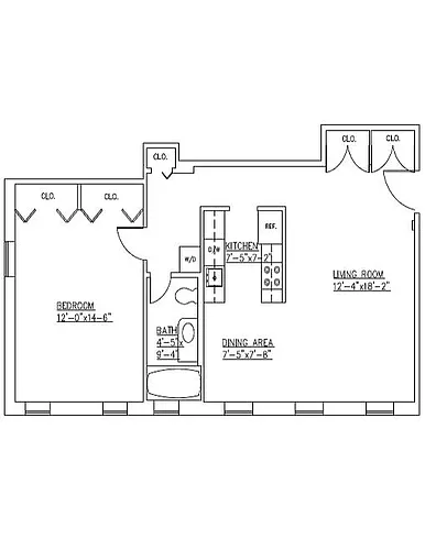 Floor plan Residence 1E One Bedroom Lower