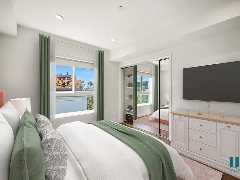 Bedroom with Large-Size Windows, Mirrored Closet with Shelving, Vinyl Flooring, and Recessed Lighting