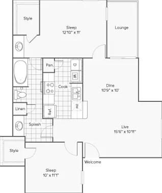 2 BR x 1 BA - A - Income-Restricted (50) Floorplan 2 BR x 1 BA - A - Income-Restricted (50) Floorplan