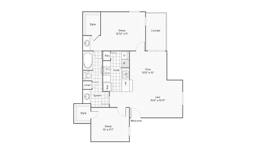 Floor plan 2 BR x 1 BA - A - Income-Restricted (50)
