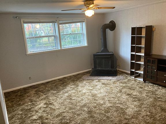 Den area with wood burning stove