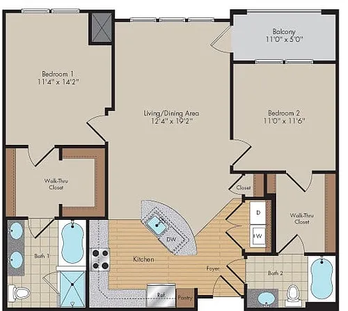 Floor plan 2 Bed/2 Bath-B2B-Hampton