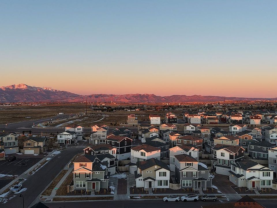 An aerial view of Banning Lewis Ranch at the foot of Pikes Peak