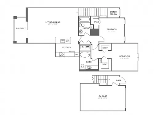 Floor plan Jupiter Two Bedroom Two Bath (1176 SF)