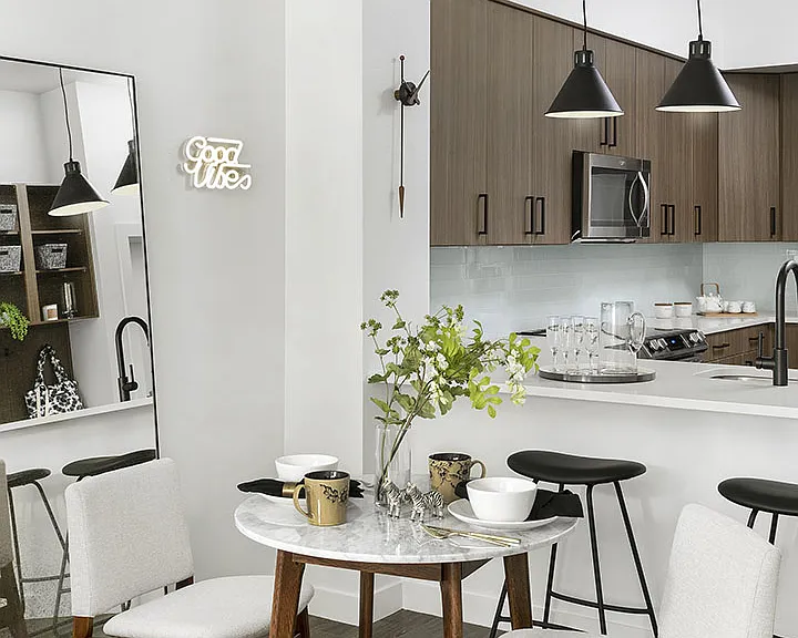 Apartment Kitchen with Stainless Steel Appliances, quartz countertop and hardwood flooring.