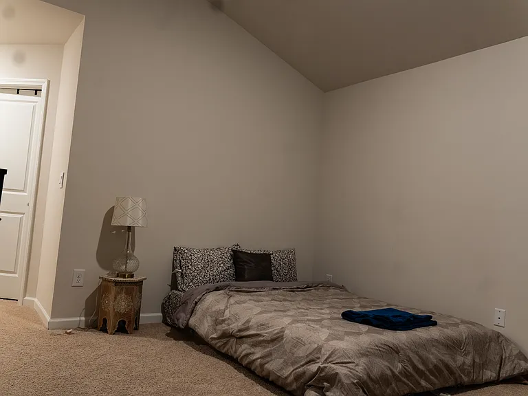 Bedroom with mattress, nightstand, lamp, and collapsible dresser