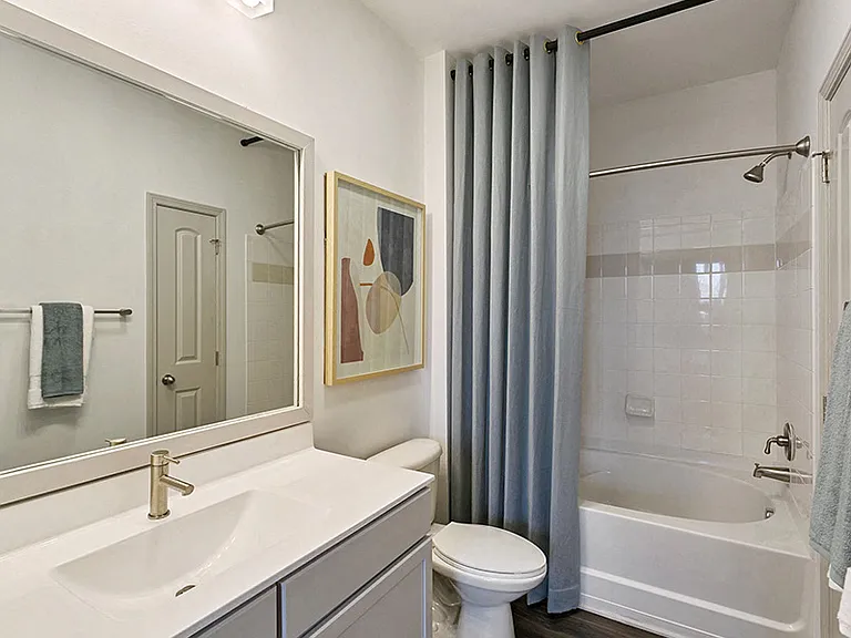 Bathroom upgrades include luxury vinyl plank flooring, framed mirrors and brushed nickel hardware