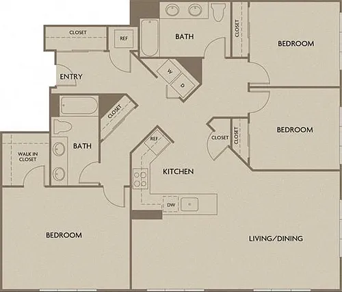 Floor plan Three Bedroom Two Bath (Urban Flats)