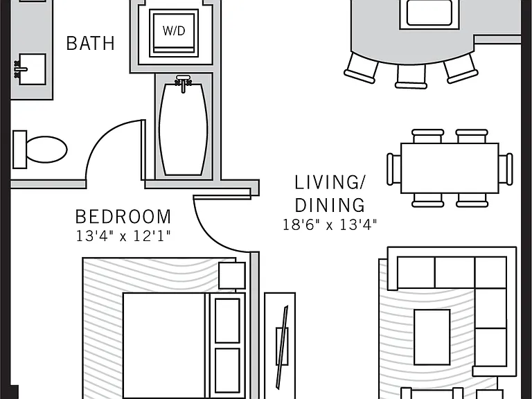 1 bedroom 1 bath apartment with dining area, patio, walk in closet and 801 sq ft