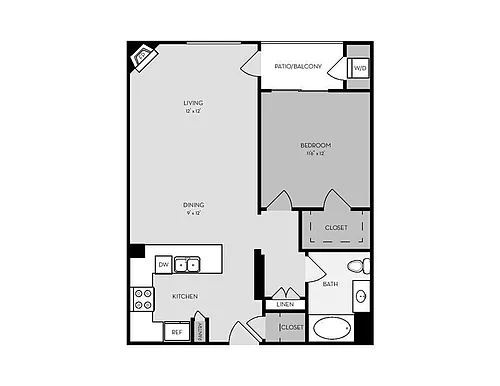 Floor plan 1 Bed, 1 Bath A (Ruby Plan - Renovated)