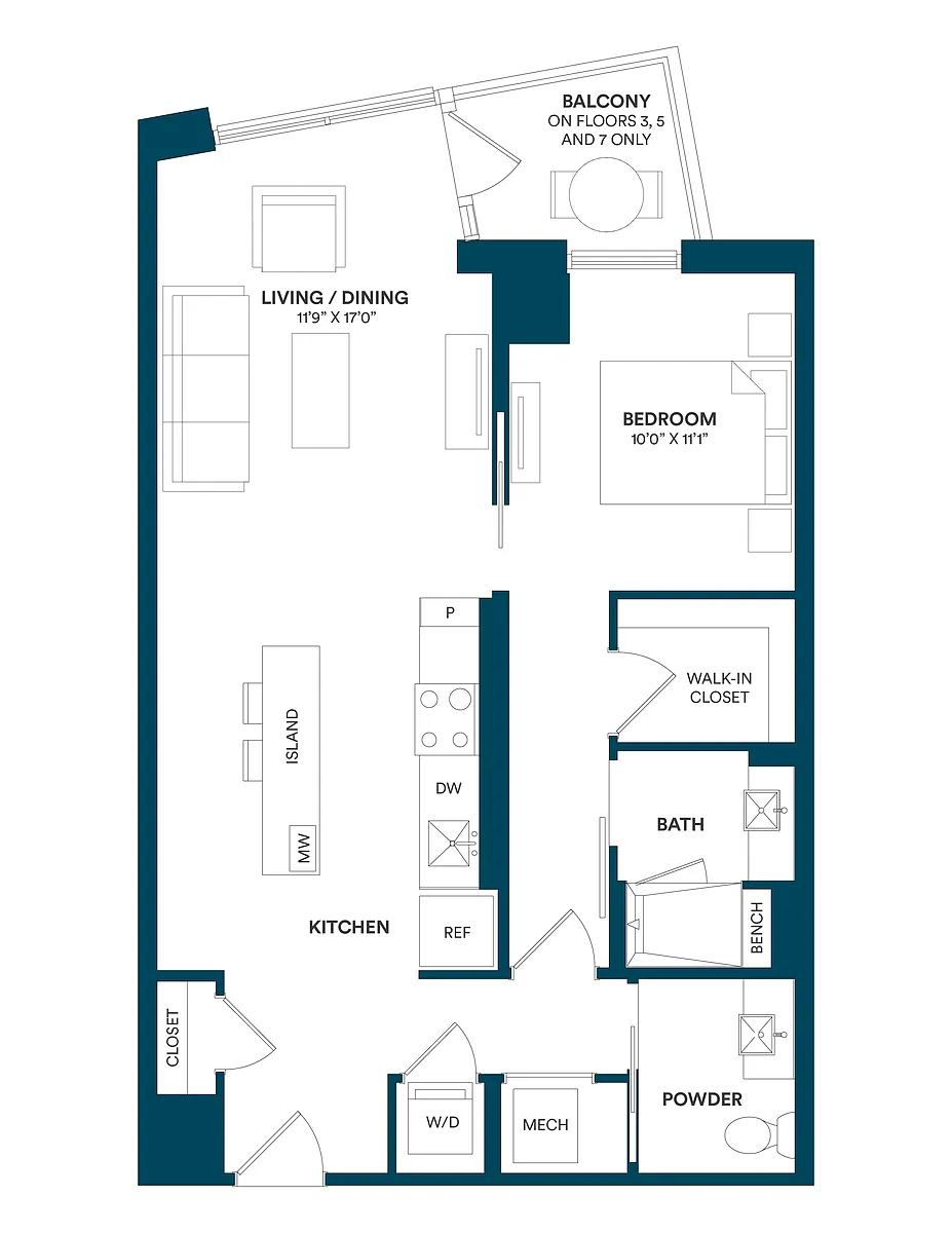 Floor plan 1 Bed/1.5 Bath-E2 TYP 11